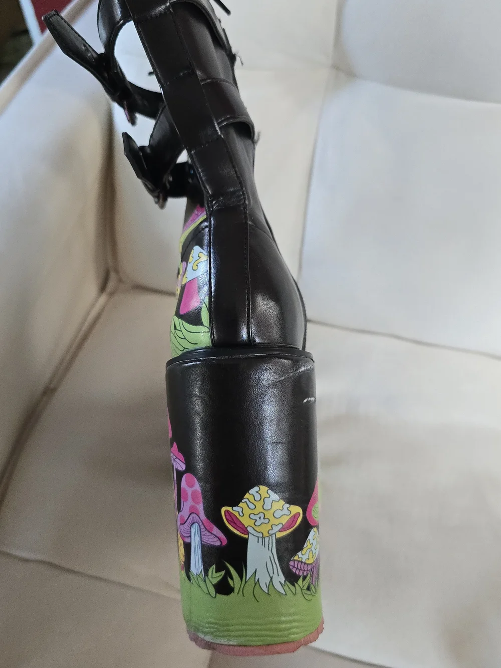 Black Platform Lace-Up Boots with Neon Mushroom Print